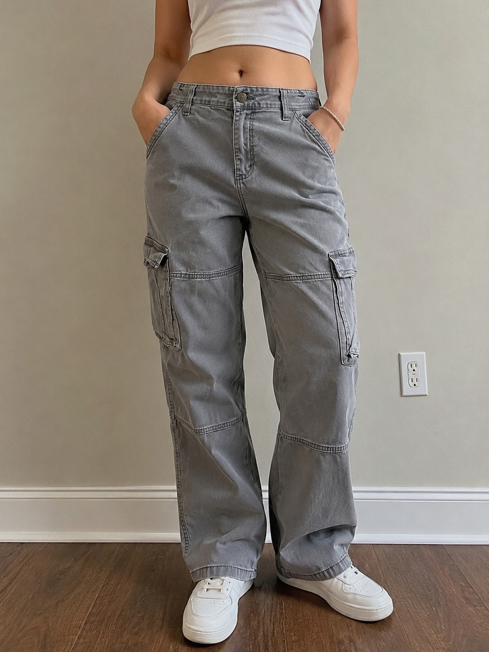 Wrangler Misses Straight Cargo Jeans Gray Stretch Utility Pants Women's Size 16